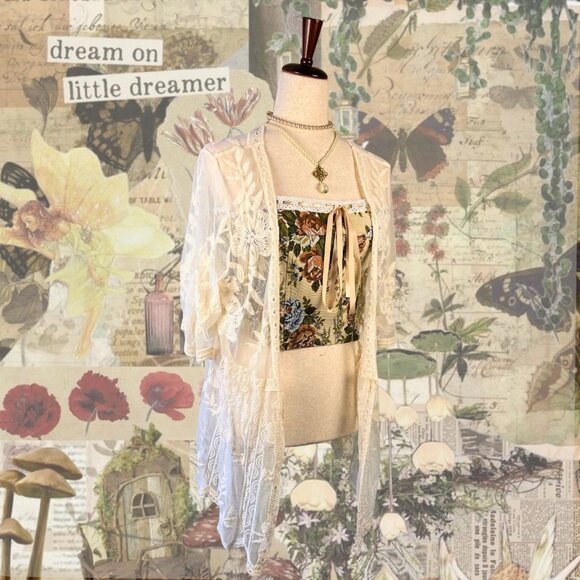 entro Tops - Entro White Sheer Boho Embroidered Lace Kimono Jacket Blouse M Cottagecore